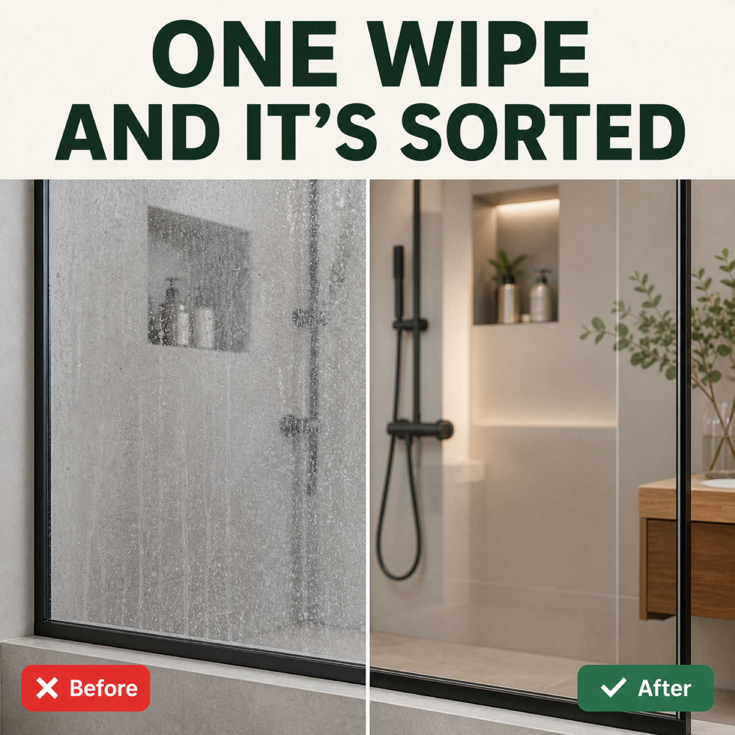 Shower screen before and after one wipe with the RydaCloth