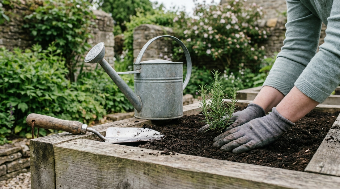Beginner gardener planting a herb seedling into a raised bed with a trowel and watering can beside them in a UK back garden.