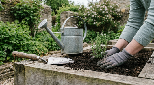 Beginner gardener planting a herb seedling into a raised bed with a trowel and watering can beside them in a UK back garden.