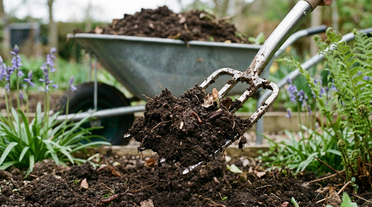 Garden fork lifting dark crumbly compost-enriched soil in a British garden bed with a wheelbarrow of compost behind.