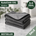 RydaCloth XXL 60x40cm — stack of three folded grey microfibre cloths, 3+3 free bundle deal