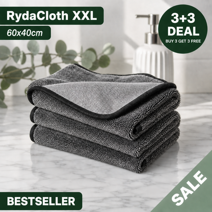 RydaCloth XXL 60x40cm — stack of three folded grey microfibre cloths, 3+3 free bundle deal