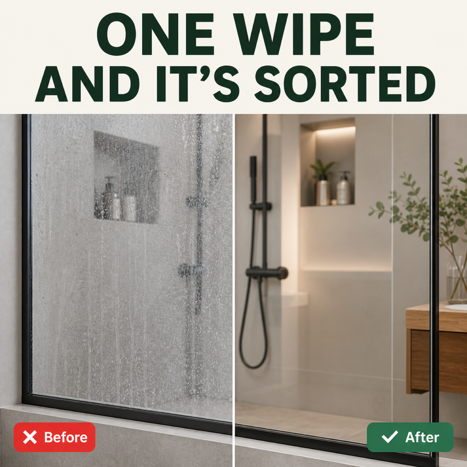 Shower screen before and after one wipe with the RydaCloth XXL