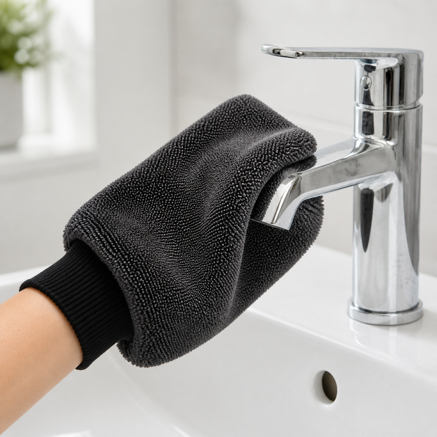 RydaGlove microfibre mitt polishing a chrome basin tap