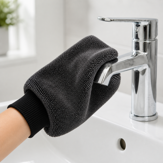 RydaGlove microfibre mitt polishing a chrome basin tap