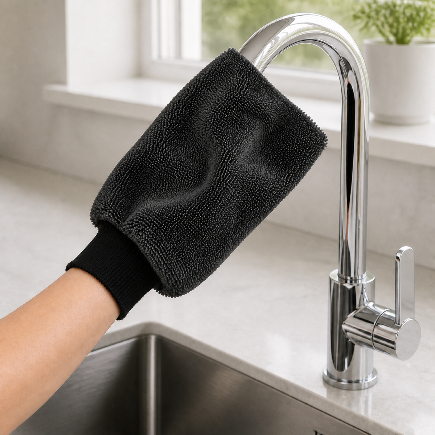 RydaGlove microfibre mitt polishing a tall chrome kitchen mixer tap