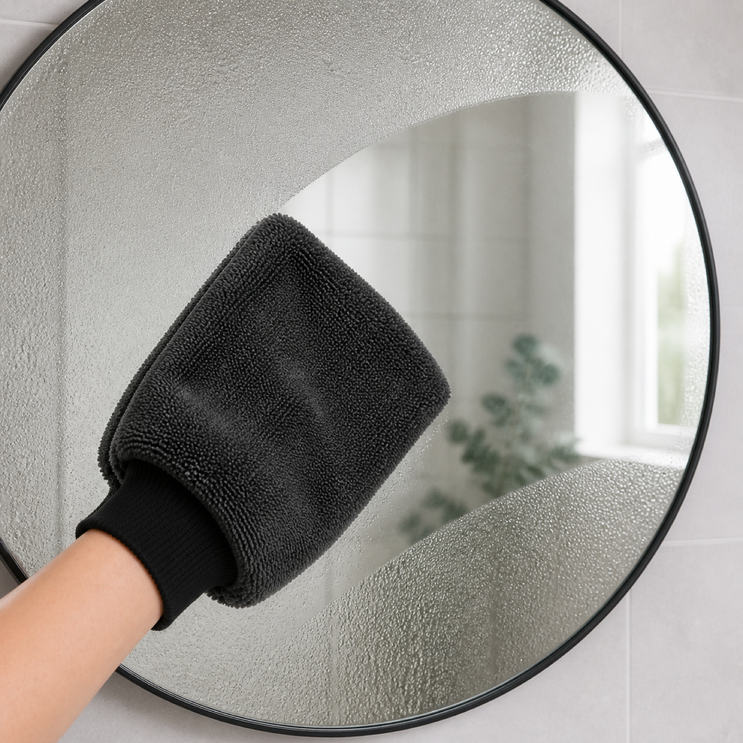 RydaGlove microfibre mitt wiping a round bathroom mirror streak-free