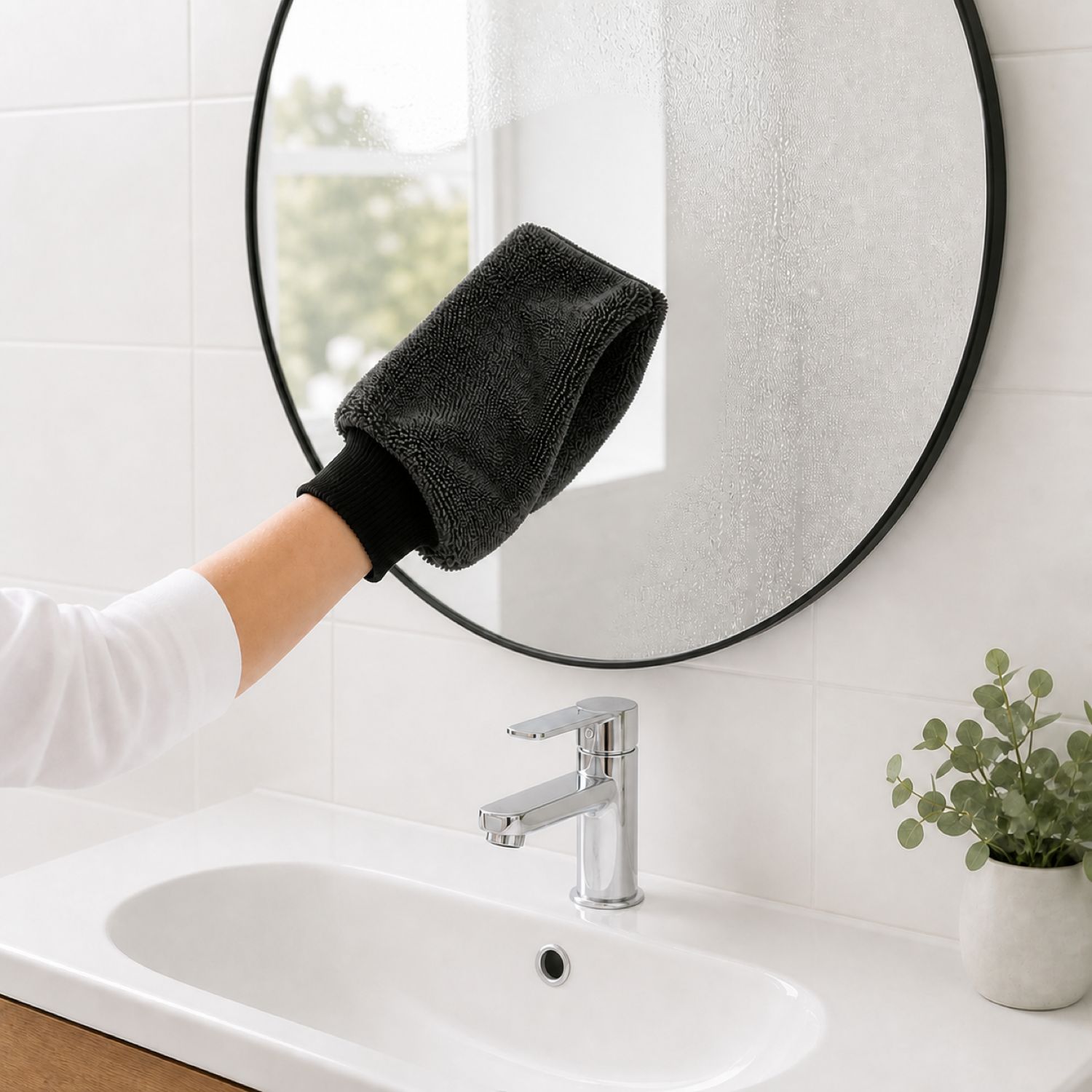 RydaGlove microfibre mitt cleaning a mirror above a basin