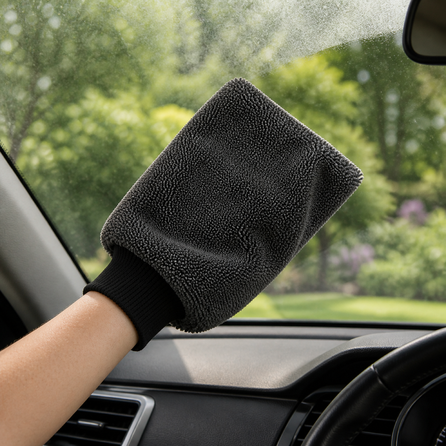 RydaGlove microfibre mitt wiping the inside of a car windscreen