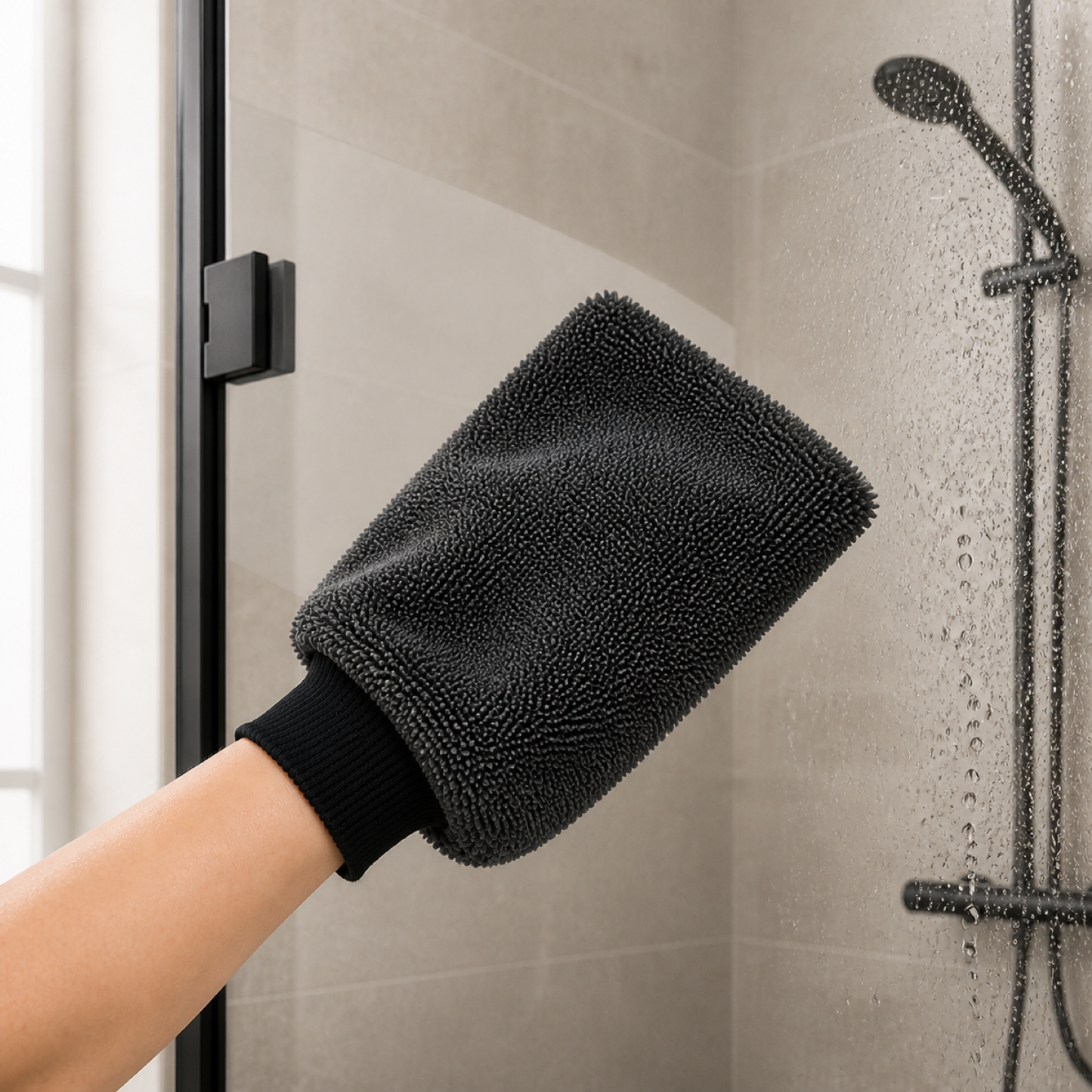 RydaGlove microfibre mitt wiping a glass shower screen