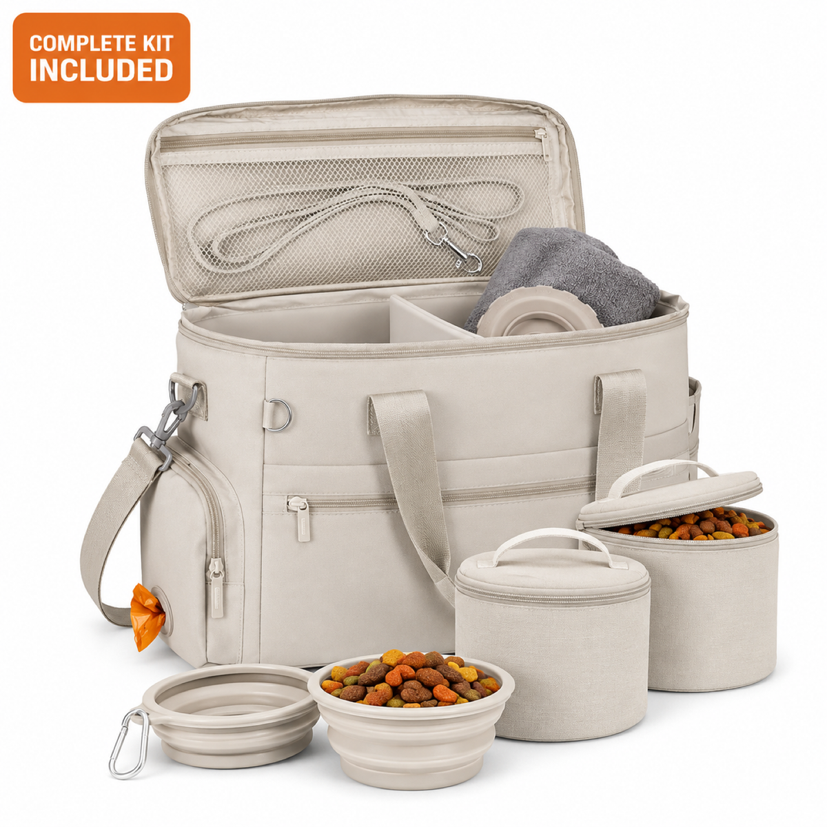 D40 PRO complete dog travel bag in beige with two collapsible bowls, two leak-proof food containers and a built-in poop bag dispenser