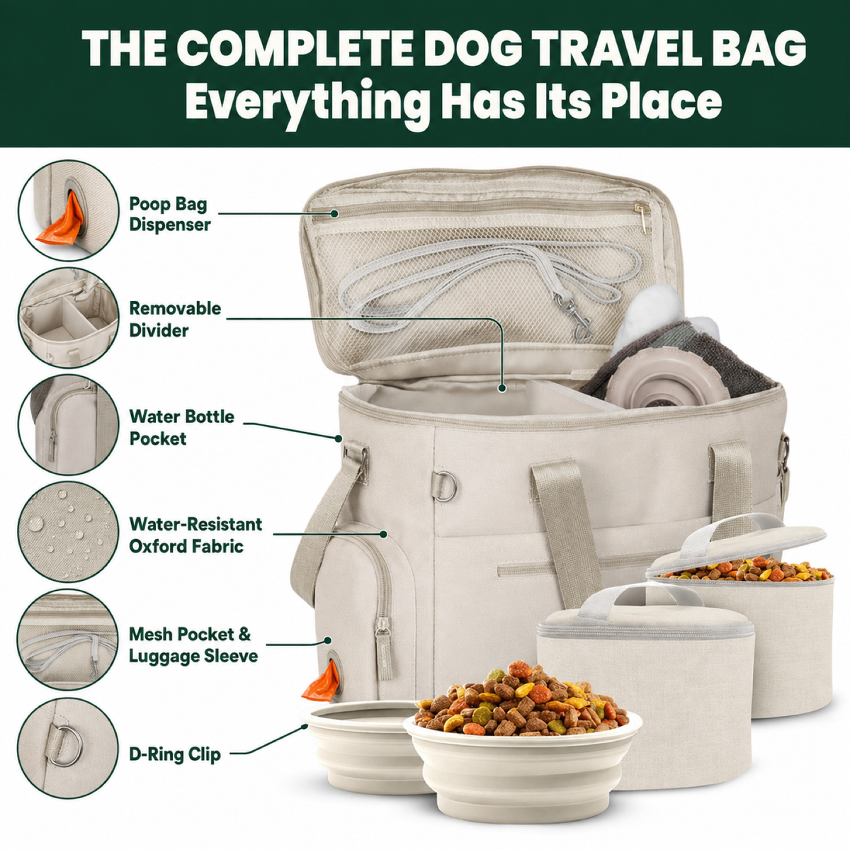 D40 PRO dog travel bag features: removable divider, zip pockets, poop bag dispenser and luggage sleeve