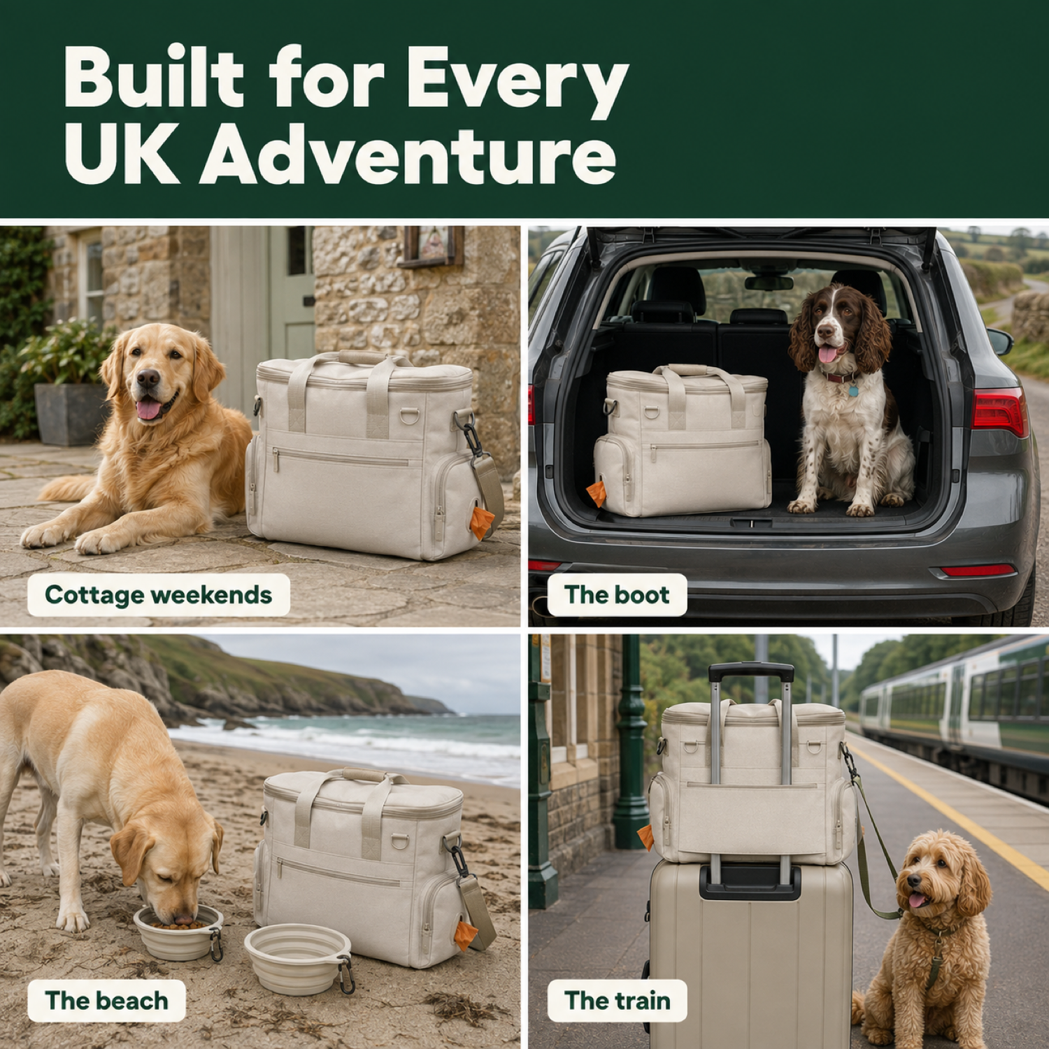 D40 PRO dog travel bag on a UK trip: in the boot, on the train and at the cottage