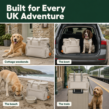 D40 PRO dog travel bag on a UK trip: in the boot, on the train and at the cottage