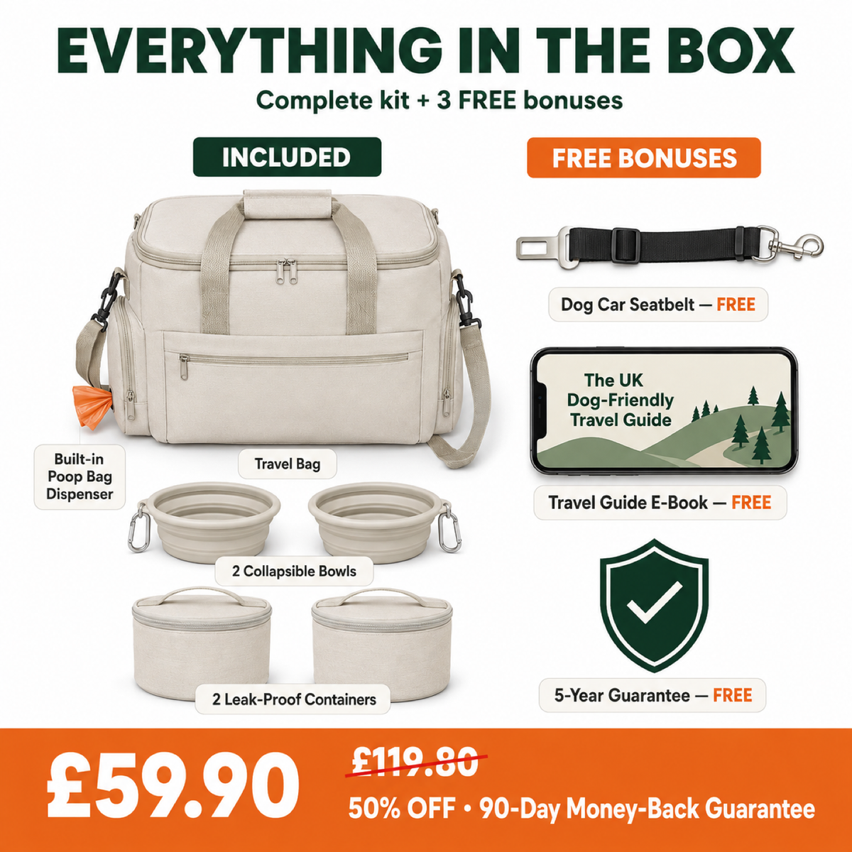D40 PRO complete kit with free dog car seatbelt, free travel guide e-book and 5-year replacement guarantee