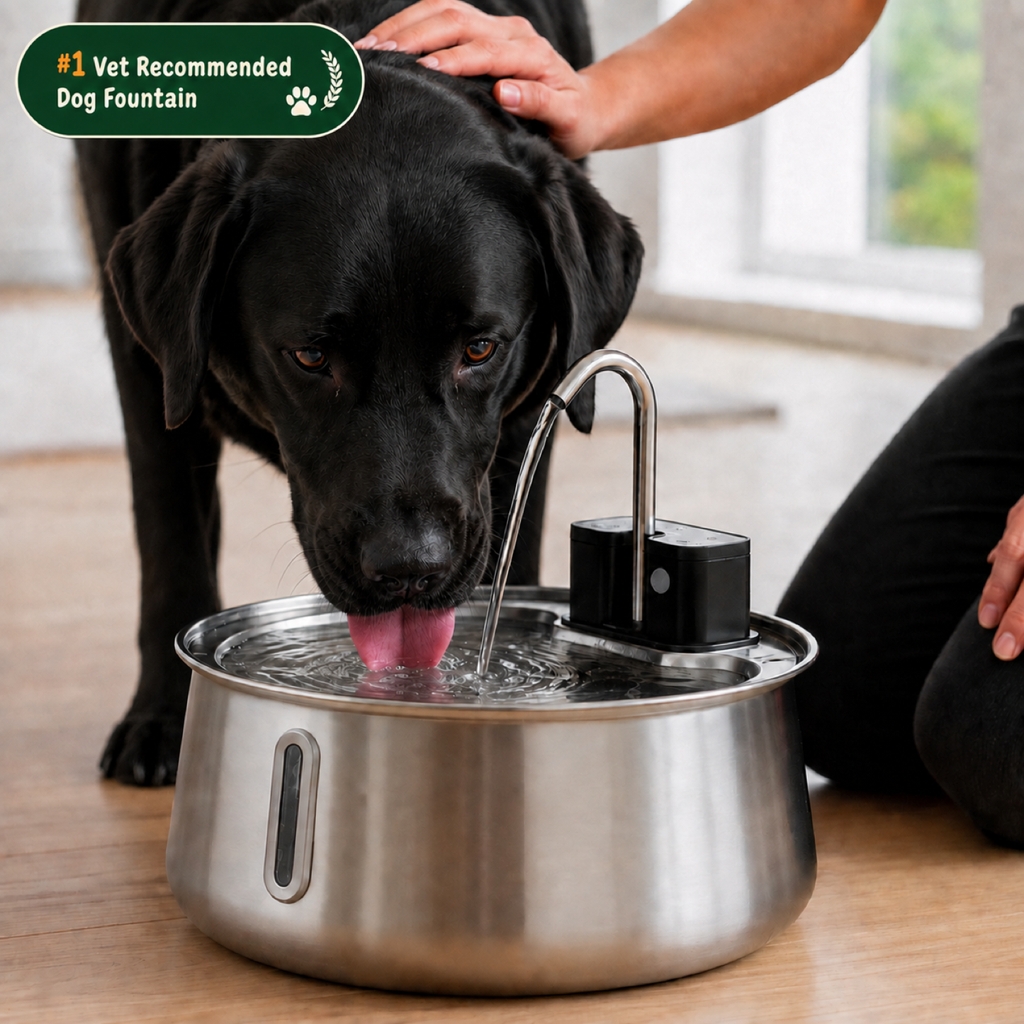 Black Labrador drinking from The Wireless Stainless Steel Pet Fountain — #1 vet recommended dog fountain