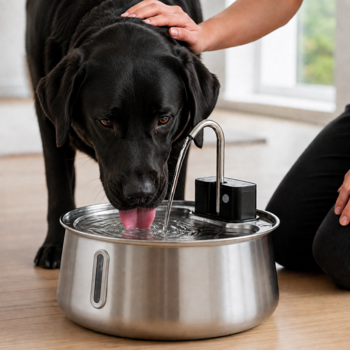 Black Labrador drinking from The Wireless Stainless Steel Pet Fountain in a bright living room