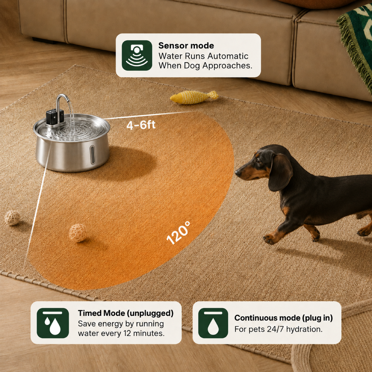 Motion sensor runs the water when your dog approaches: sensor, timed and continuous modes