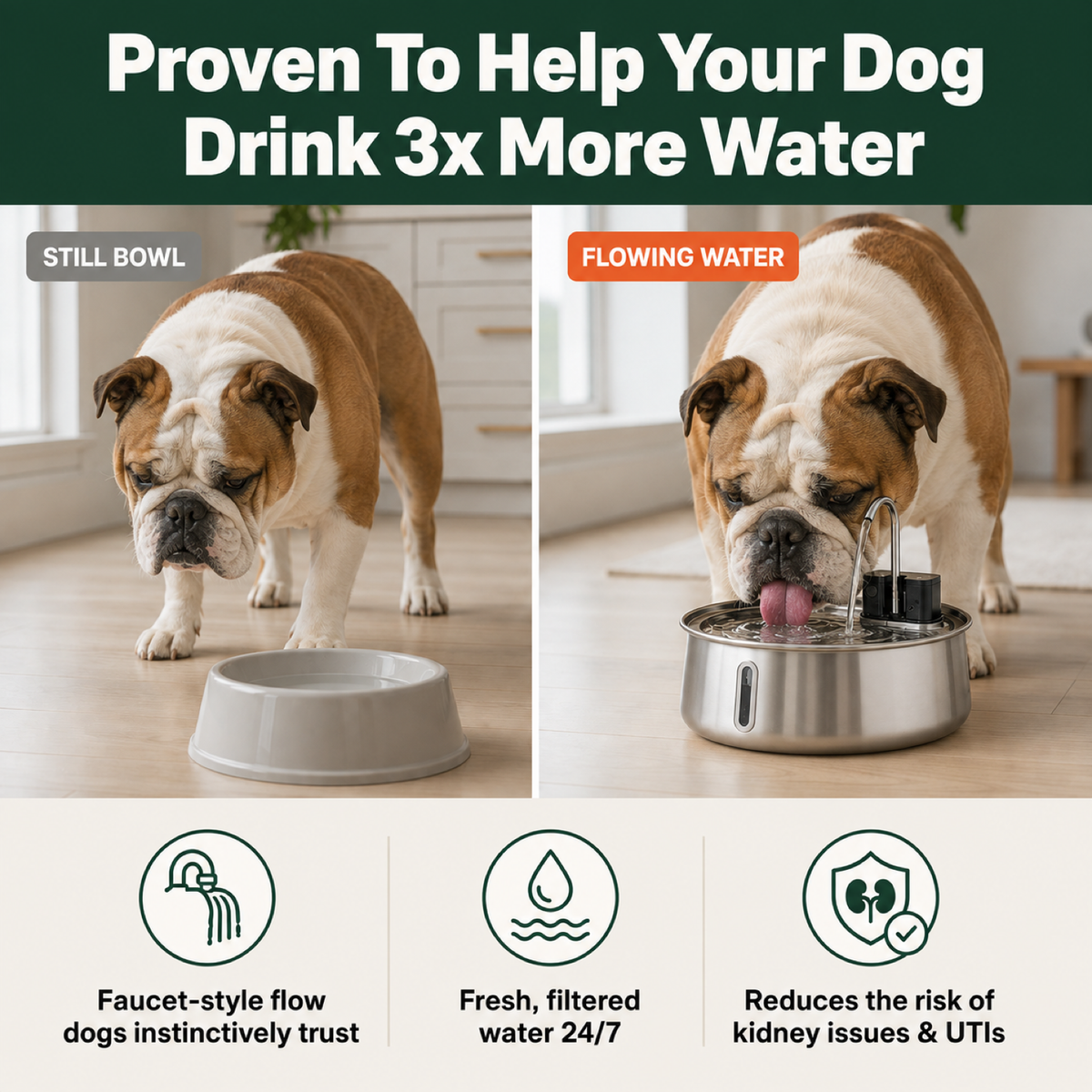 Proven to help your dog drink 3x more water: still bowl vs flowing water