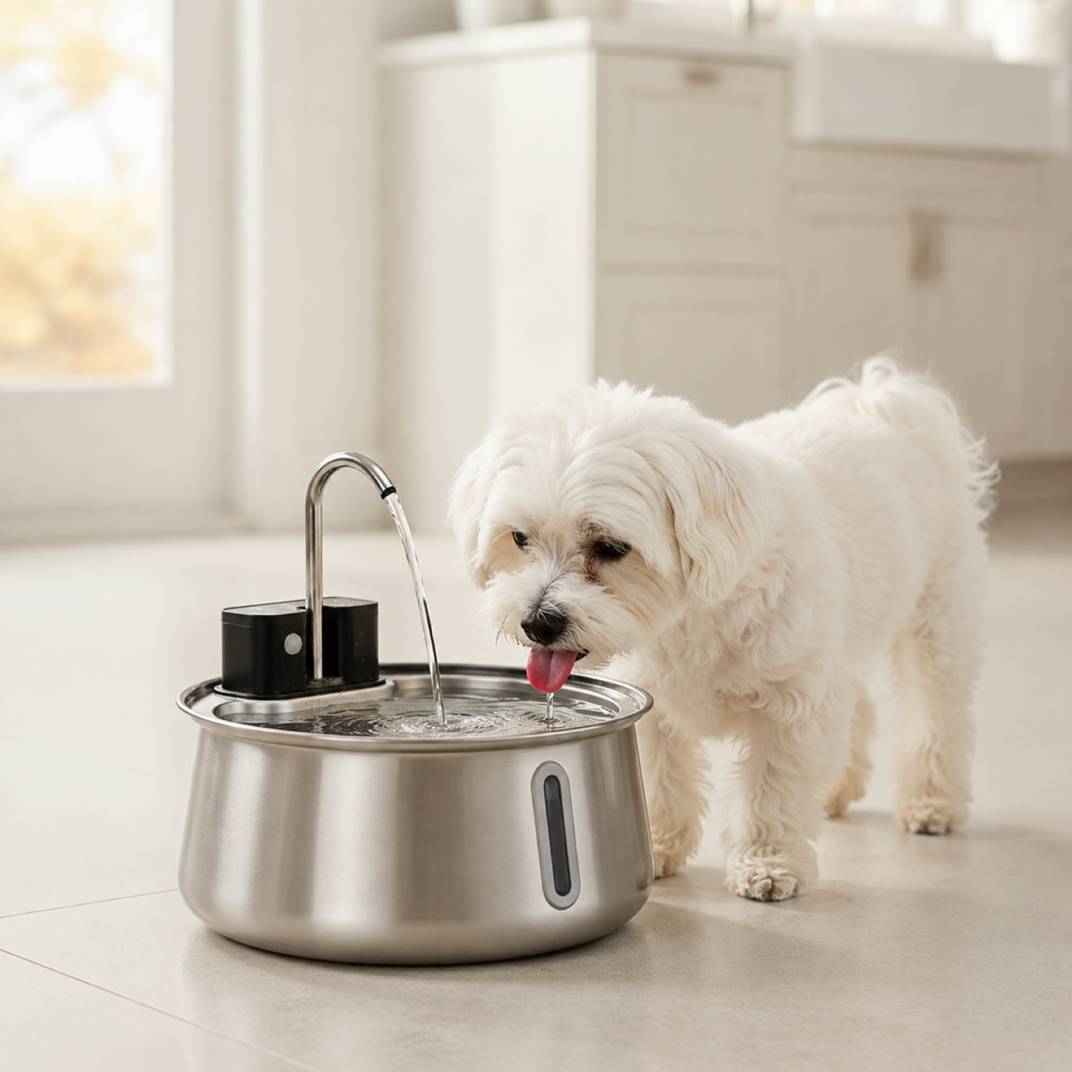 Small white dog drinking from the stainless steel fountain