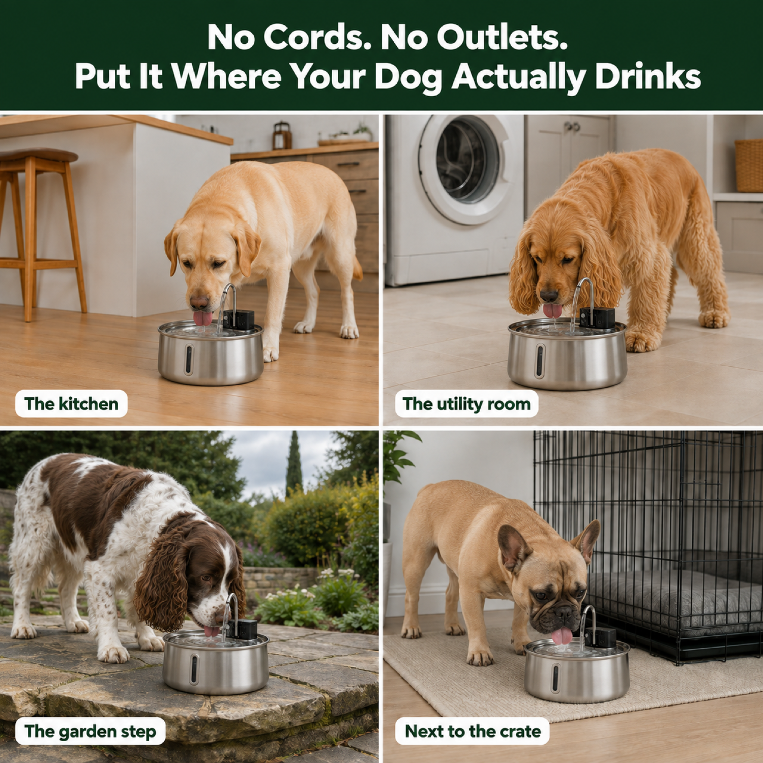 No cords, no outlets: the kitchen, the utility room, the garden step, next to the crate
