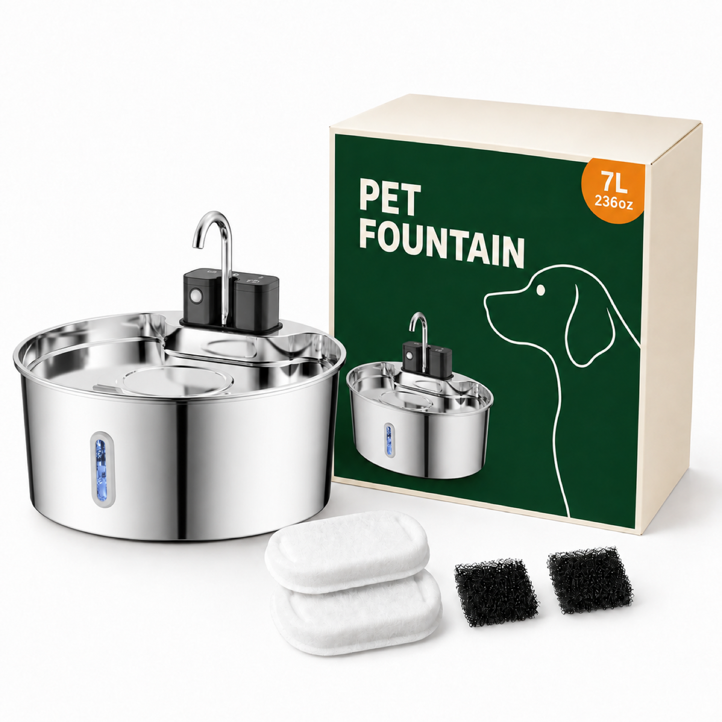 The Wireless Stainless Steel Pet Fountain 7 L with box and filters