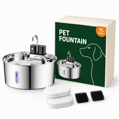 The Wireless Stainless Steel Pet Fountain 7 L with box and filters