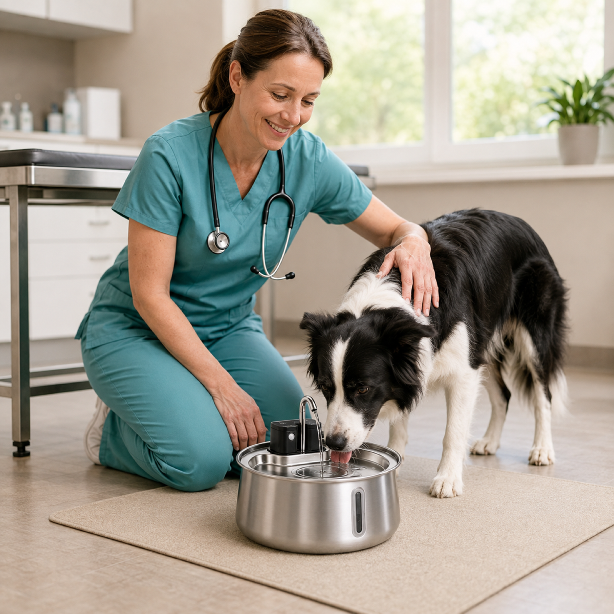 Vet with a border collie drinking from the stainless steel pet fountain