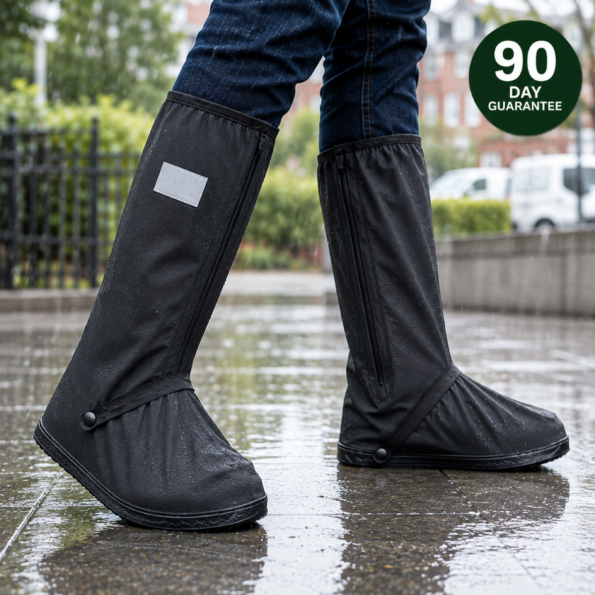 S40 PRO Waterproof Shoe Covers in black, worn in the rain — 90-day guarantee