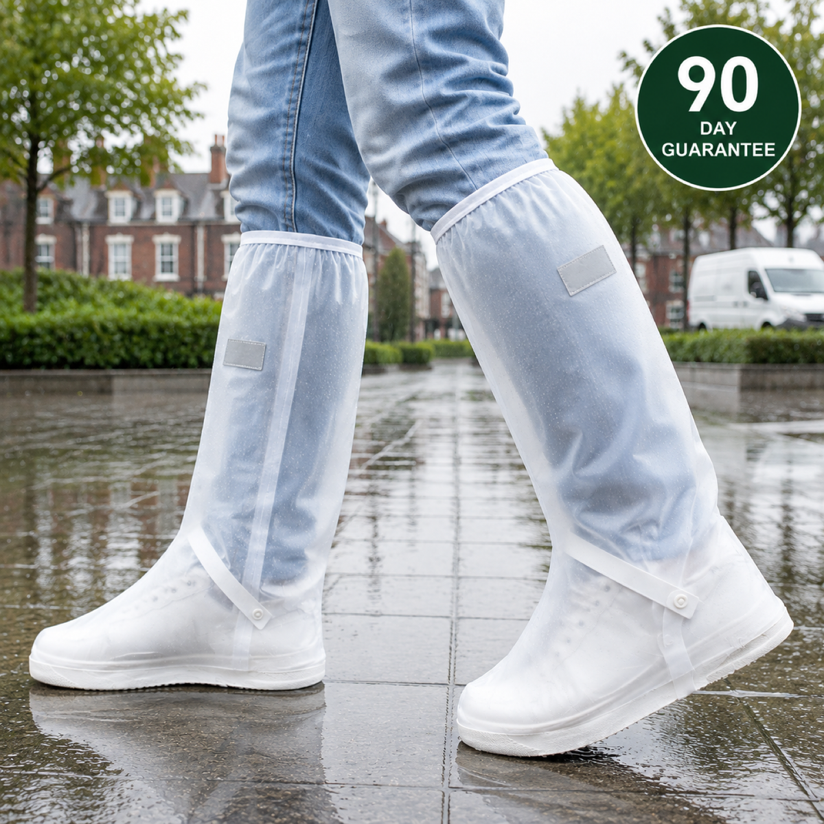 S40 PRO Waterproof Shoe Covers in clear white, worn in the rain — 90-day guarantee