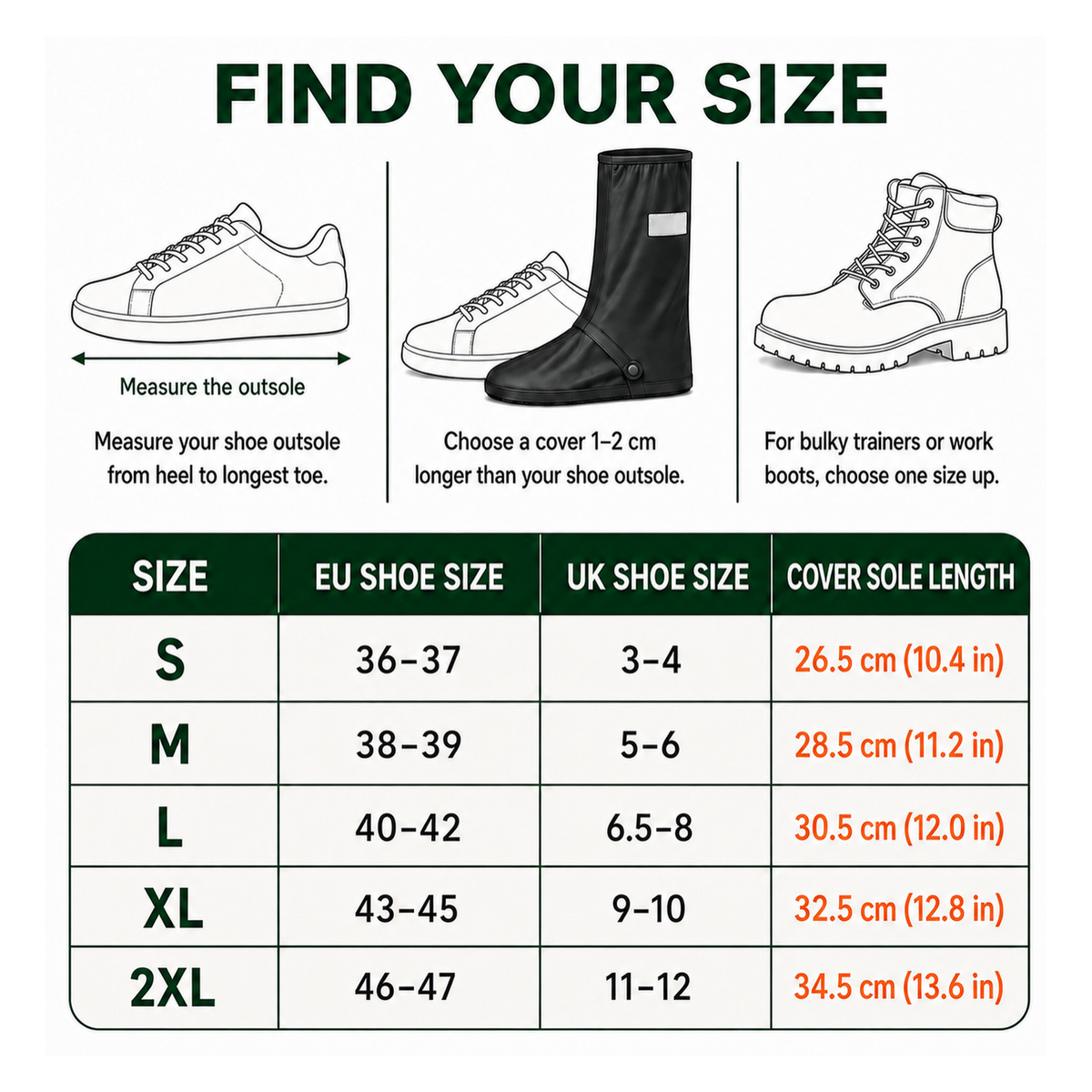 S40 PRO size guide — measure your shoe outsole, sizes S to 2XL