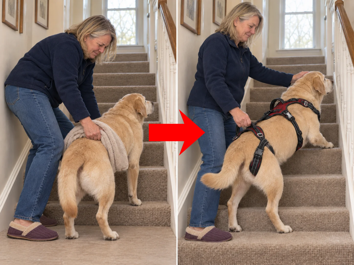 Before: lifting a senior Labrador on the stairs with a towel. After: helping him climb with the RYDA harness.