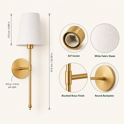 Dimensions: 51.5 cm total height, 17.5 cm shade, 610 g per light. E27 socket, white fabric shade, brushed brass finish, round backplate