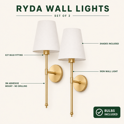 Ryda wall lights set of 2: iron wall light, shades included, E27 bulb fitting, 3M adhesive mount with no drilling, bulbs included