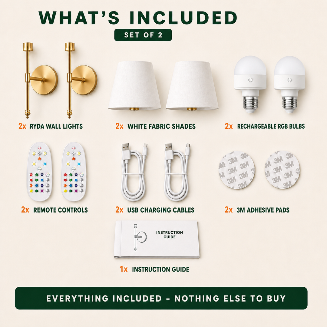 What's included: 2 Ryda wall lights, 2 white fabric shades, 2 rechargeable RGB bulbs, 2 remotes, 2 USB cables, 2 3M adhesive pads, instruction guide