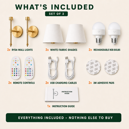 What's included: 2 Ryda wall lights, 2 white fabric shades, 2 rechargeable RGB bulbs, 2 remotes, 2 USB cables, 2 3M adhesive pads, instruction guide