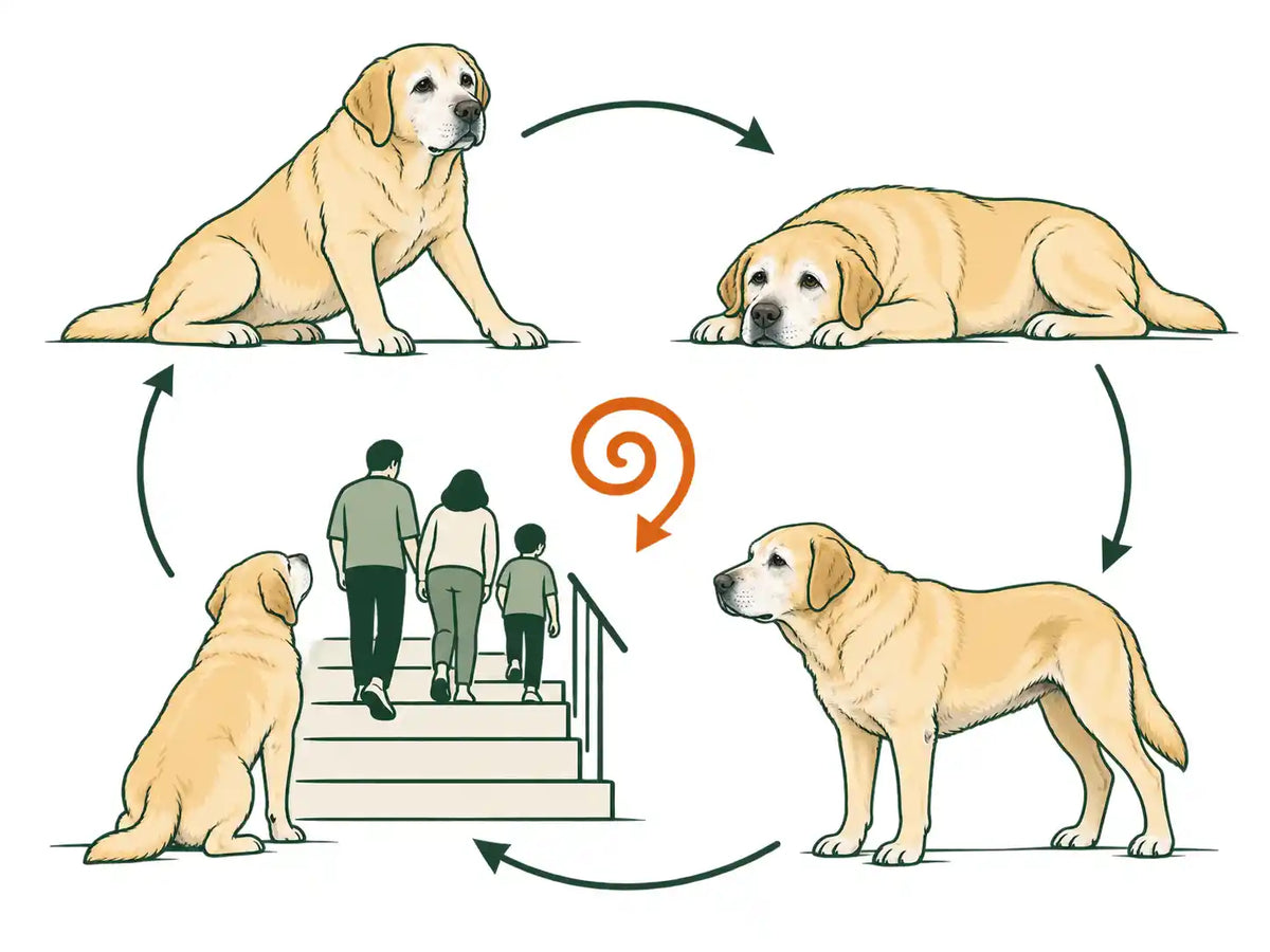 The spiral: he struggles to get up, so he tries less, so his back legs get weaker, so getting up gets harder, and his world shrinks.