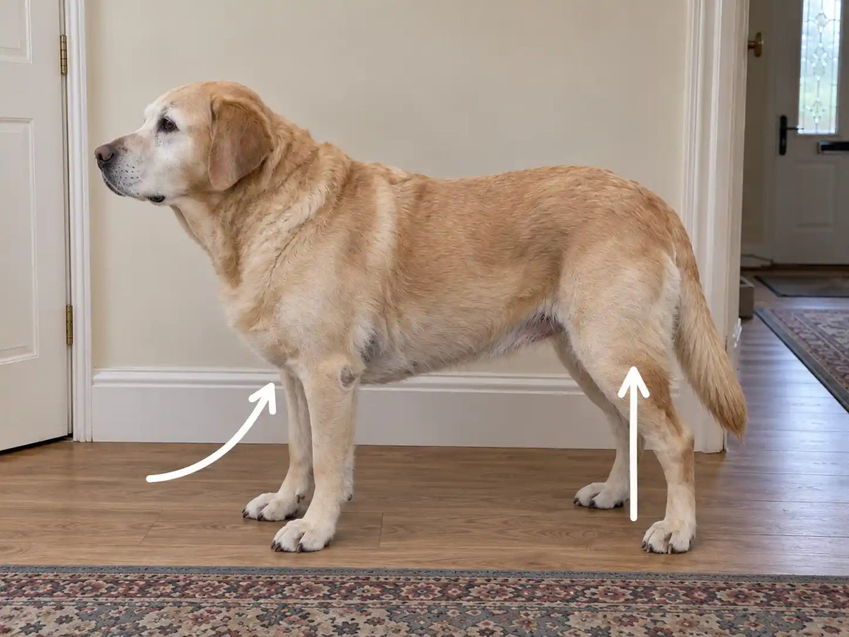 Senior Labrador side on: front legs steer, back legs push