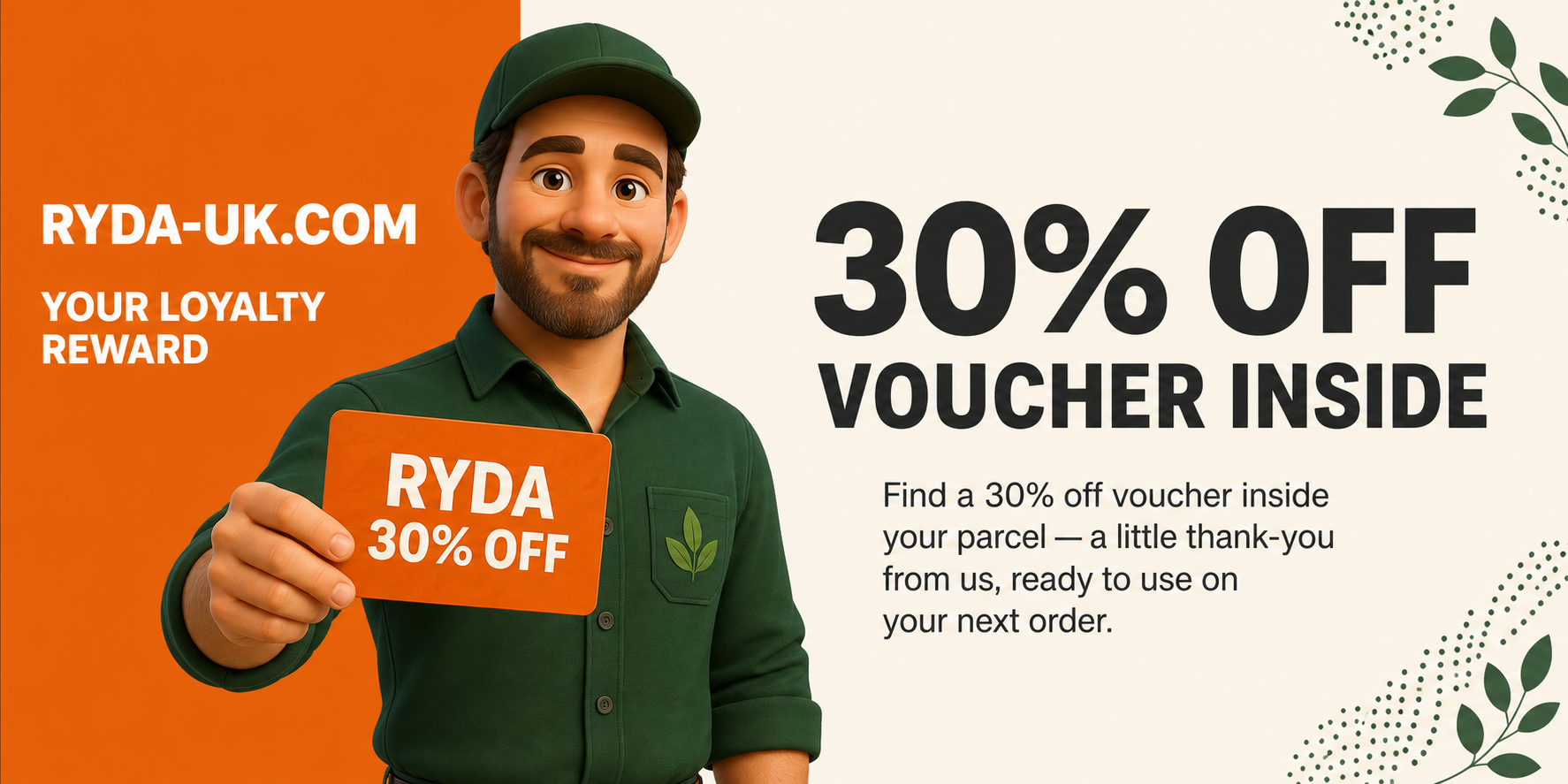 RYDA loyalty reward: receive a 30% off voucher to use on your next order